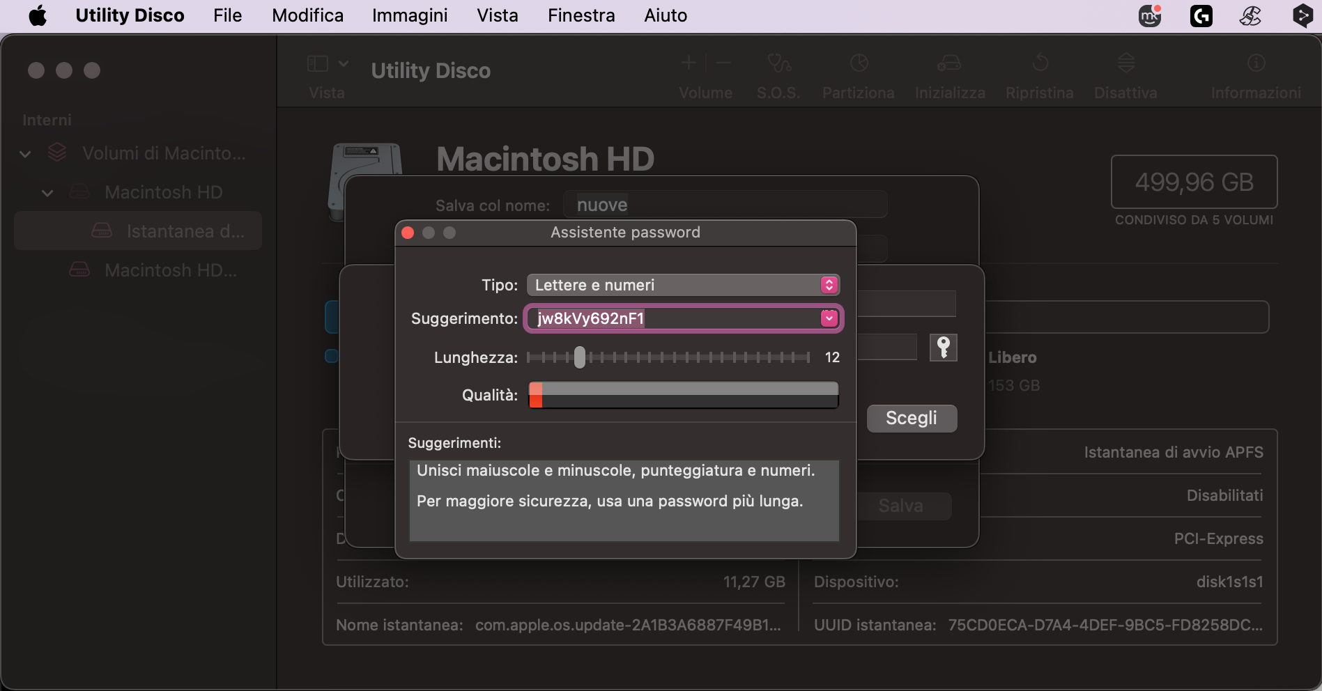In alternativa, puoi cliccare sull’icona della chiave e lasciare che macOS crei una password sicura per te. Clicca di nuovo su Scegli quando hai finito. 