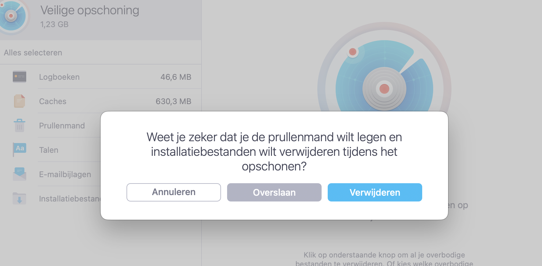 Klik in het vervolgkeuzemenu op ‘Verwijder’ om het legen van de Prullenmand en het verwijderen van installatiebestanden te bevestigen.