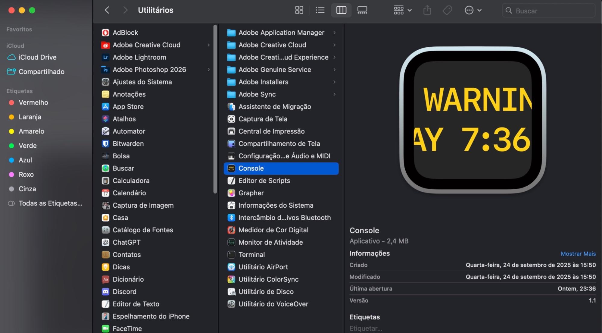 Descubra se você está enfrentando problemas de kernel panic no seu Mac indo até o Finder e abrindo Utilitários > Console. A partir daí, você pode ver vários pontos de ação, se necessário.