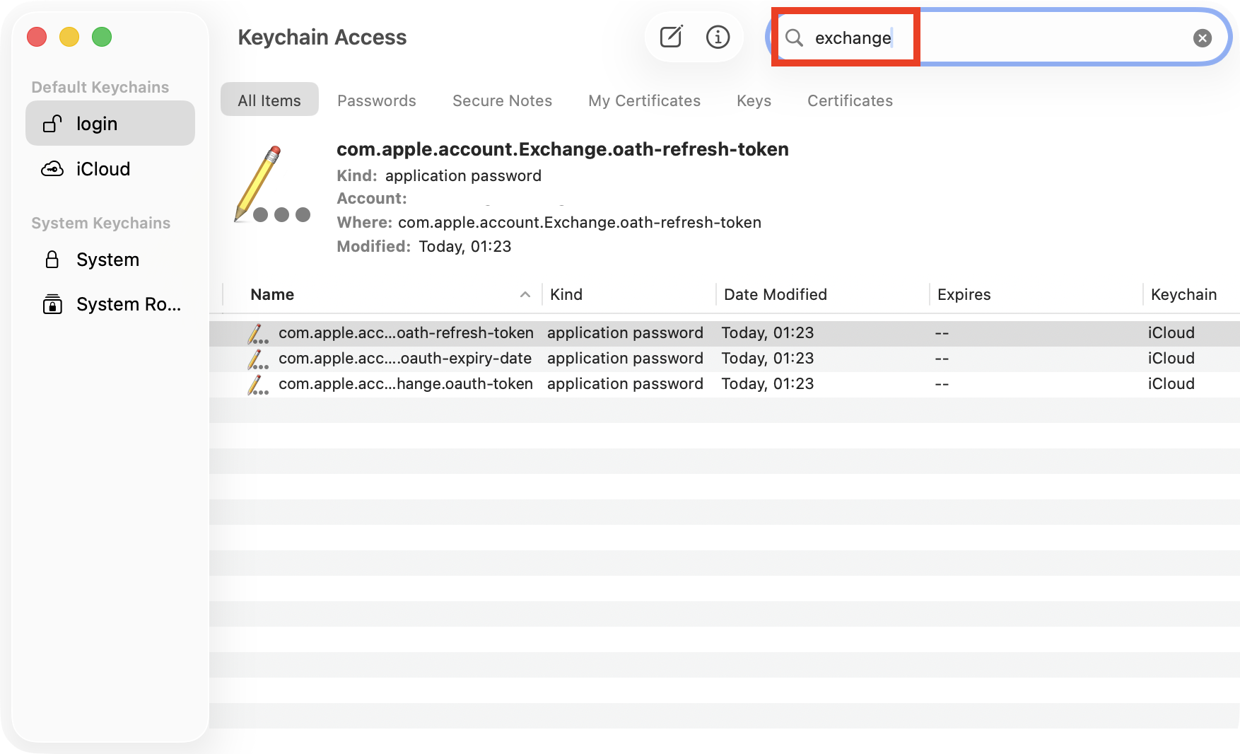 A list of Exchange accounts in Keychain Access on Mac. When you see Exchange password required alerts, try removing your Exchange account credentials from Keychain Access, then sign in again.