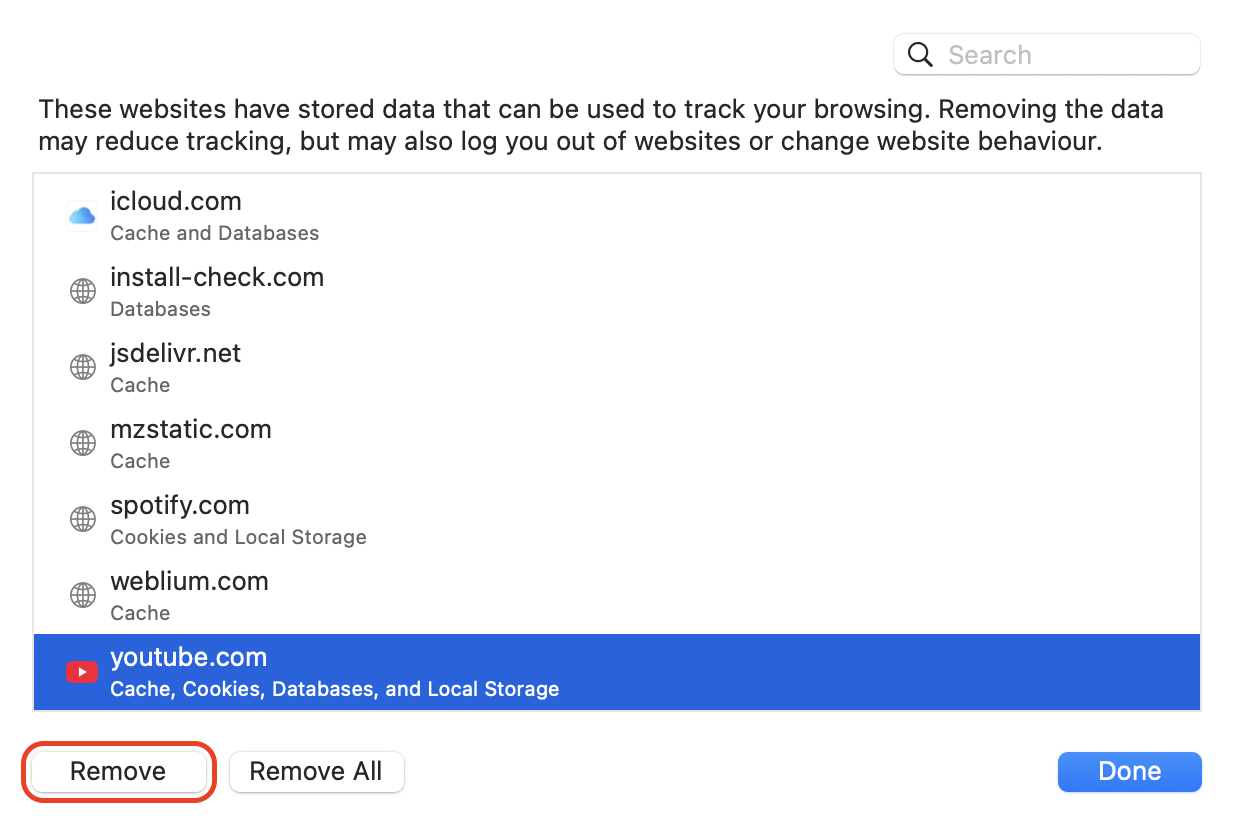 In Manage Website Data, find youtube.com in the list, select it, and click Remove to delete stored cookies and cached data from Safari on your Mac.