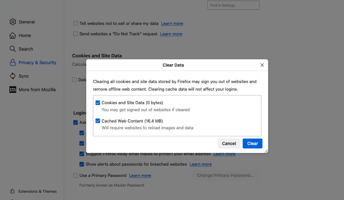 The clear data window is open, showing the Cookies and Site Data and Cached Web Content both selected to clear cache on Mac Firefox. The clear data window is open, showing the Cookies and Site Data and Cached Web Content both selected to clear cache on Mac Firefox.