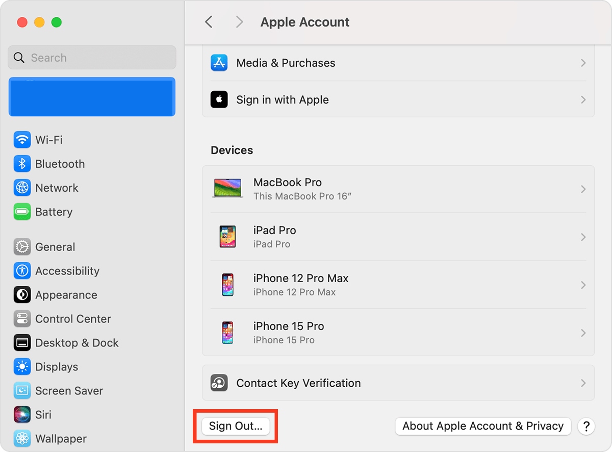Apple Account settings are displayed on a MacBook device. Use these settings to sign out and back into your iCloud account.