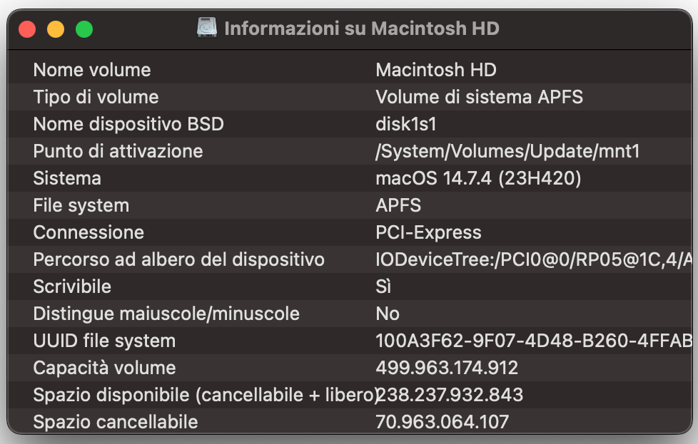 Nel riquadro a comparsa vedrai le informazioni sul disco rigido