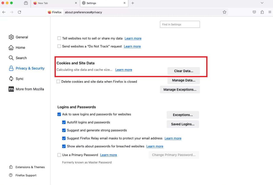 In the Settings menu on the Firefox browser, under Privacy and Security, the option to clear cache on Mac Firefox browser is selected. In the Settings menu on the Firefox browser, under Privacy and Security, the option to clear cache on Mac Firefox browser is selected.