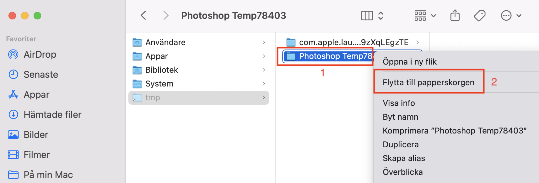 Mappen tmp visas i Finder på Mac. Hitta tillfälliga Photoshop-filer och ta bort dem för att frigöra utrymme.