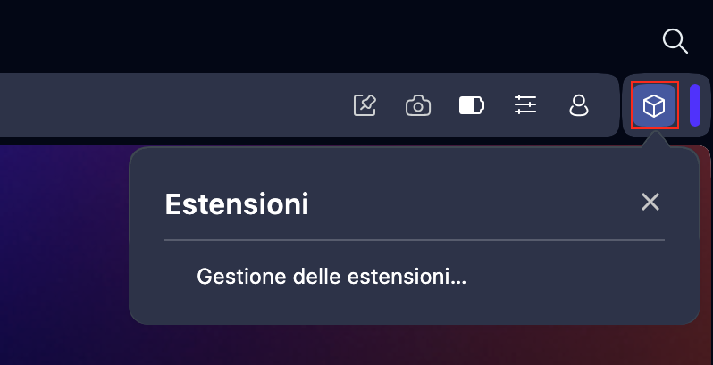 Eliminare le estensioni da Opera non è difficile. Clicca sull'icona a forma di cubo nella parte superiore del browser, quindi seleziona Gestisci estensioni.
