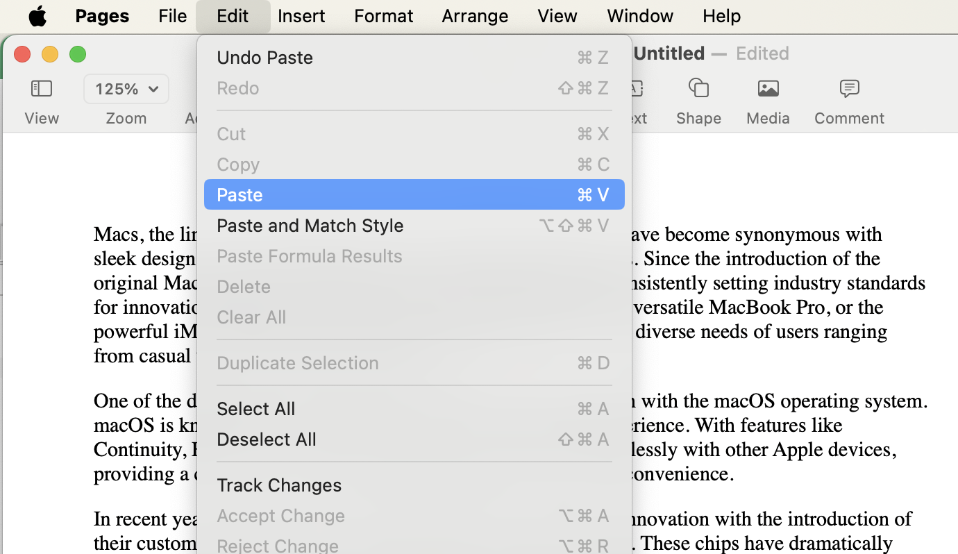 Now navigate to where you want to paste the item or content, and this time select Edit > Paste from your menu bar. Easy!