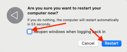 Restart prompt in macOS Monterey shows option to reopen windows when logging back in. Select your preference, then click Restart.