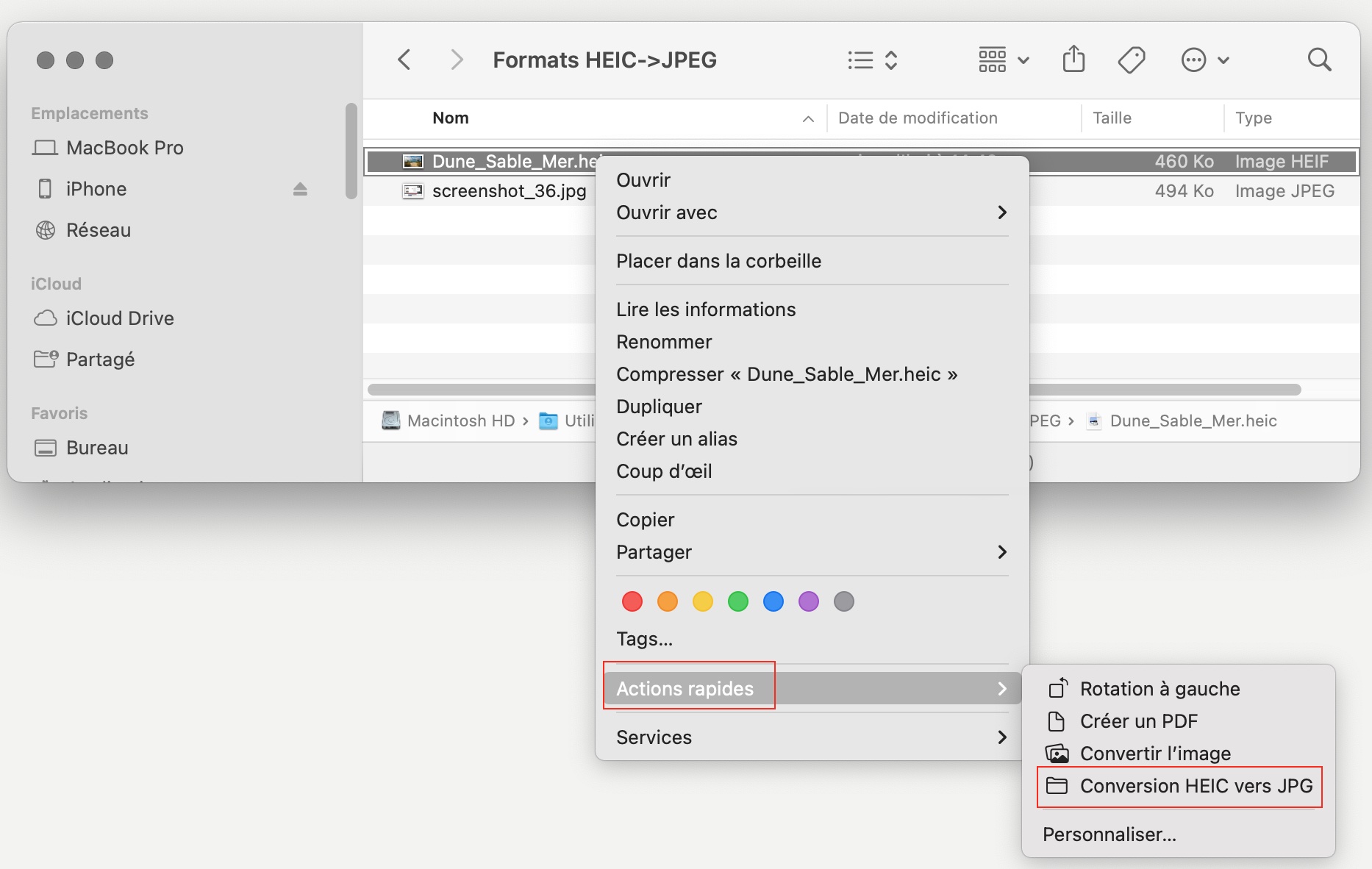 Choisissez Actions rapides dans Automator Choisissez Actions rapides dans Automator