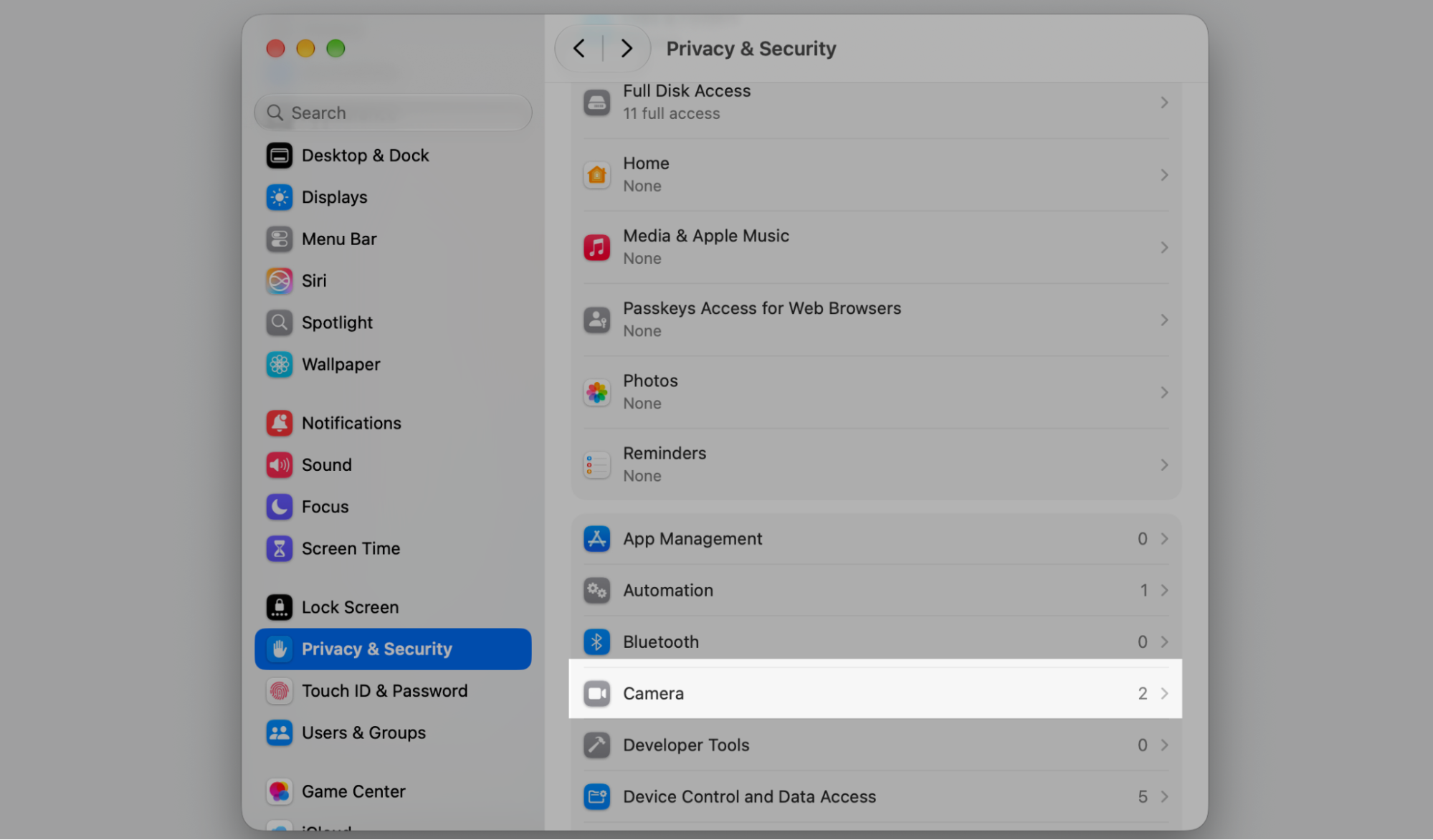 Privacy & Security section of macOS System Settings with the Camera permission row highlighted among Bluetooth, Automation, App Management.