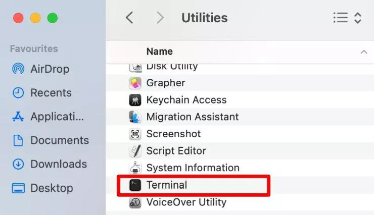 utilities folder terminal app highlighted