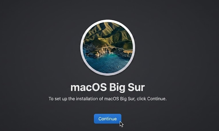 macOS reinstallation screen in Recovery on an Intel Mac, following the on-screen instructions to reinstall the system after the erase.