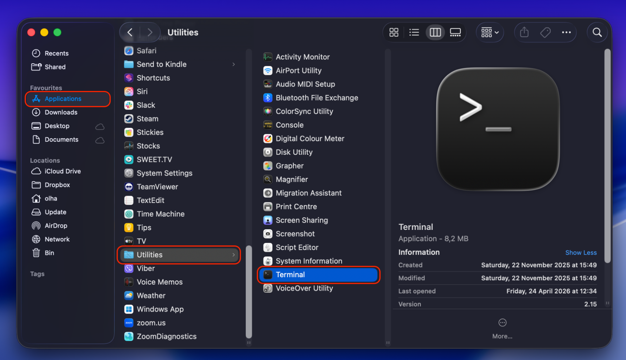 Start rebuilding the Spotlight index using Terminal commands by navigating to Applications, selecting Utilities, and then opening Terminal.