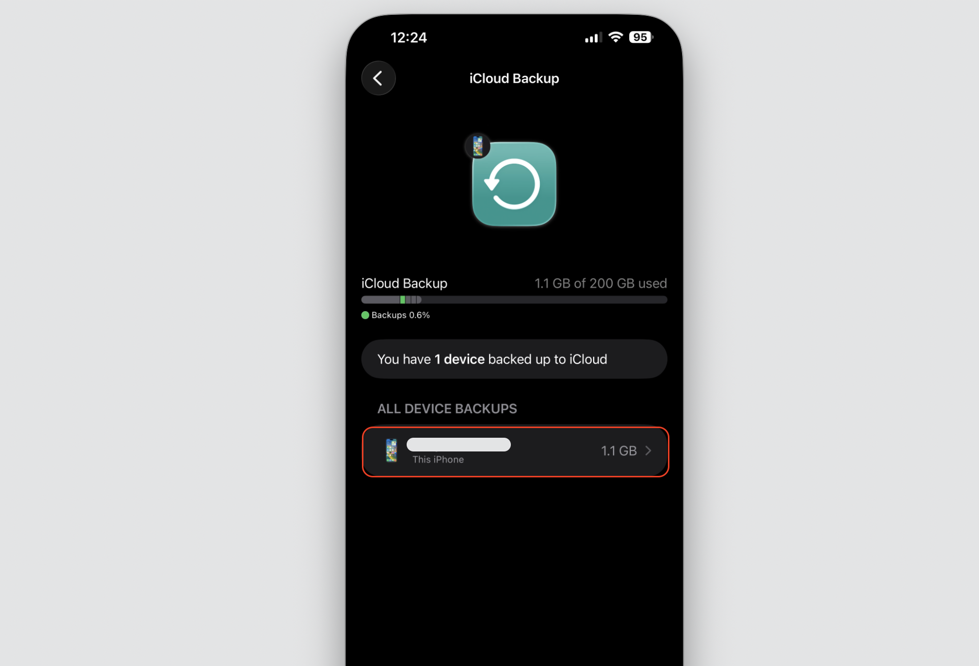 iCloud Backup screen on an iPhone under All Device Backups, tapping This iPhone to open the device backup you want to delete from iCloud.