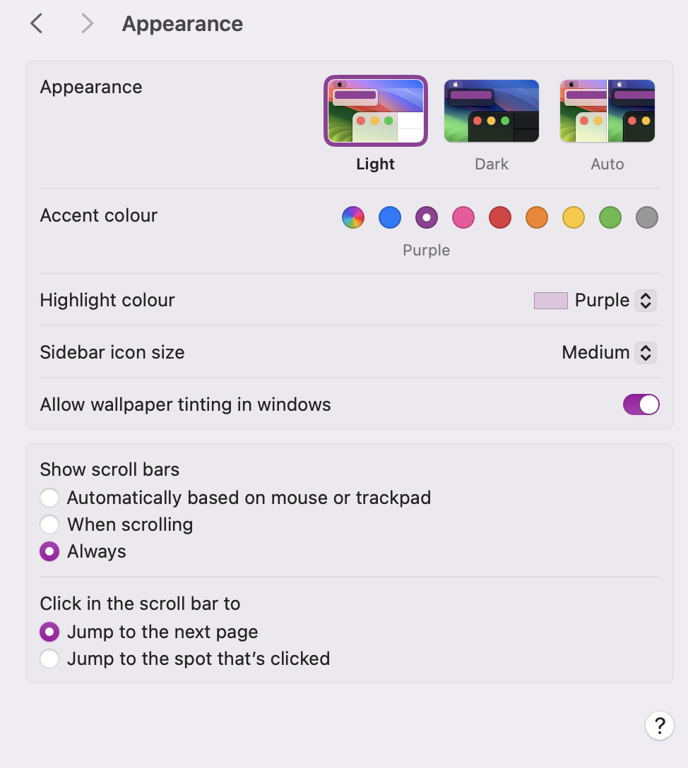 To alter your new Mac's desktop, open System Settings and click on Appearance. This will open the panel that'll allow you to visually customize your desktop appearance, colour and lighting.