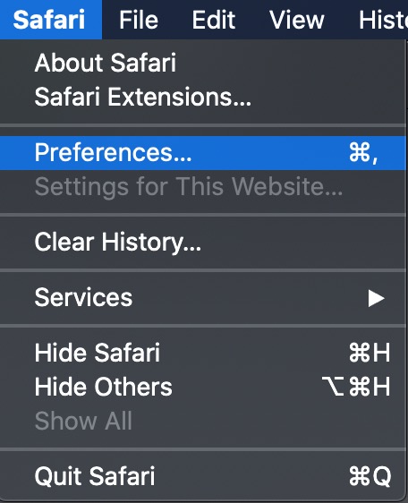 To enable Adobe Flash Player in Safari you must first open the Safari app, click on Safari in the Menu at the top of the page and go to Preferences.