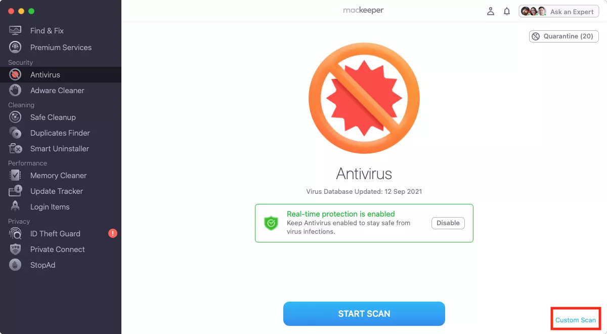 mackeeper start antivirus scanをクリックします