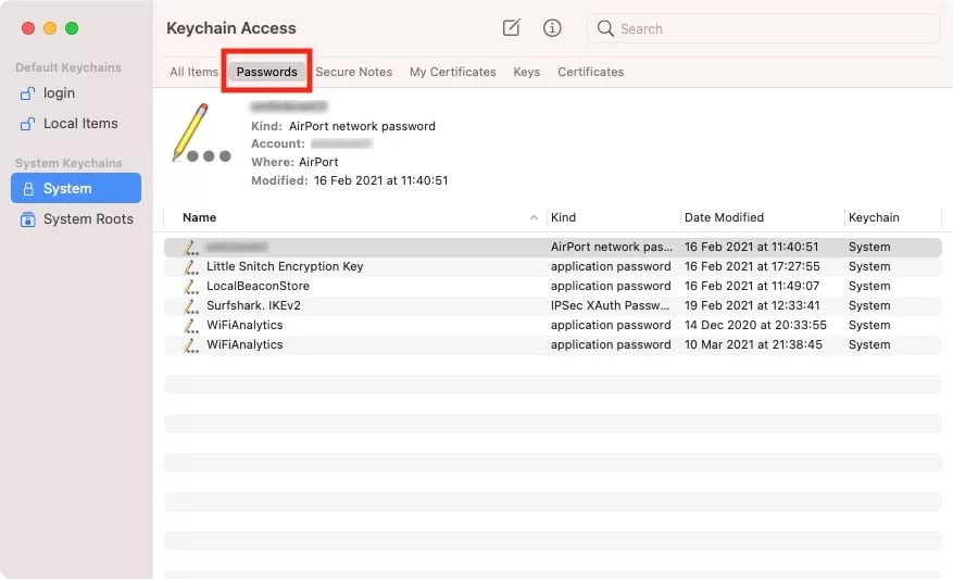keychain access system tab passwords