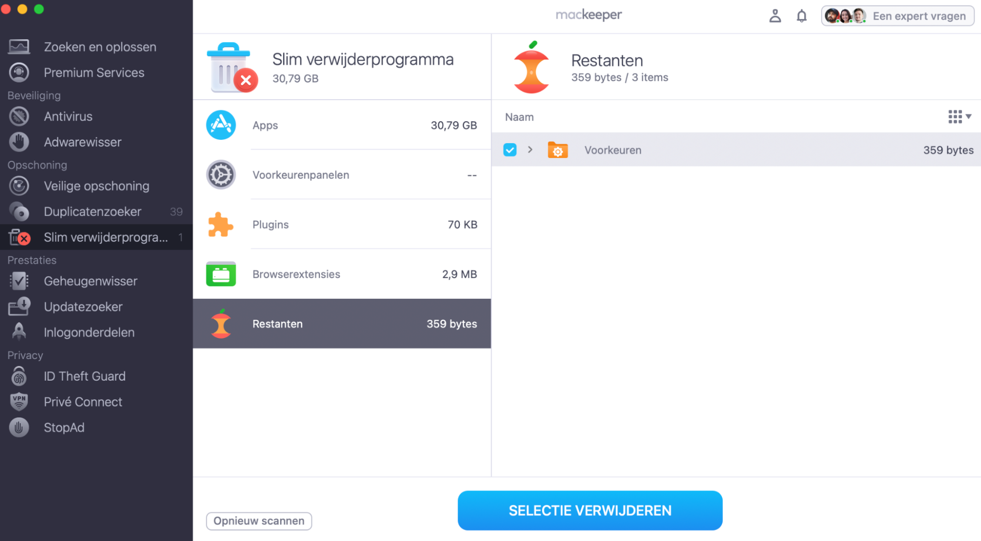 Het Slim Verwijderprogramma  in MacKeeper dat een effectieve methode toont om verborgen appbestanden automatisch te verwijderen.