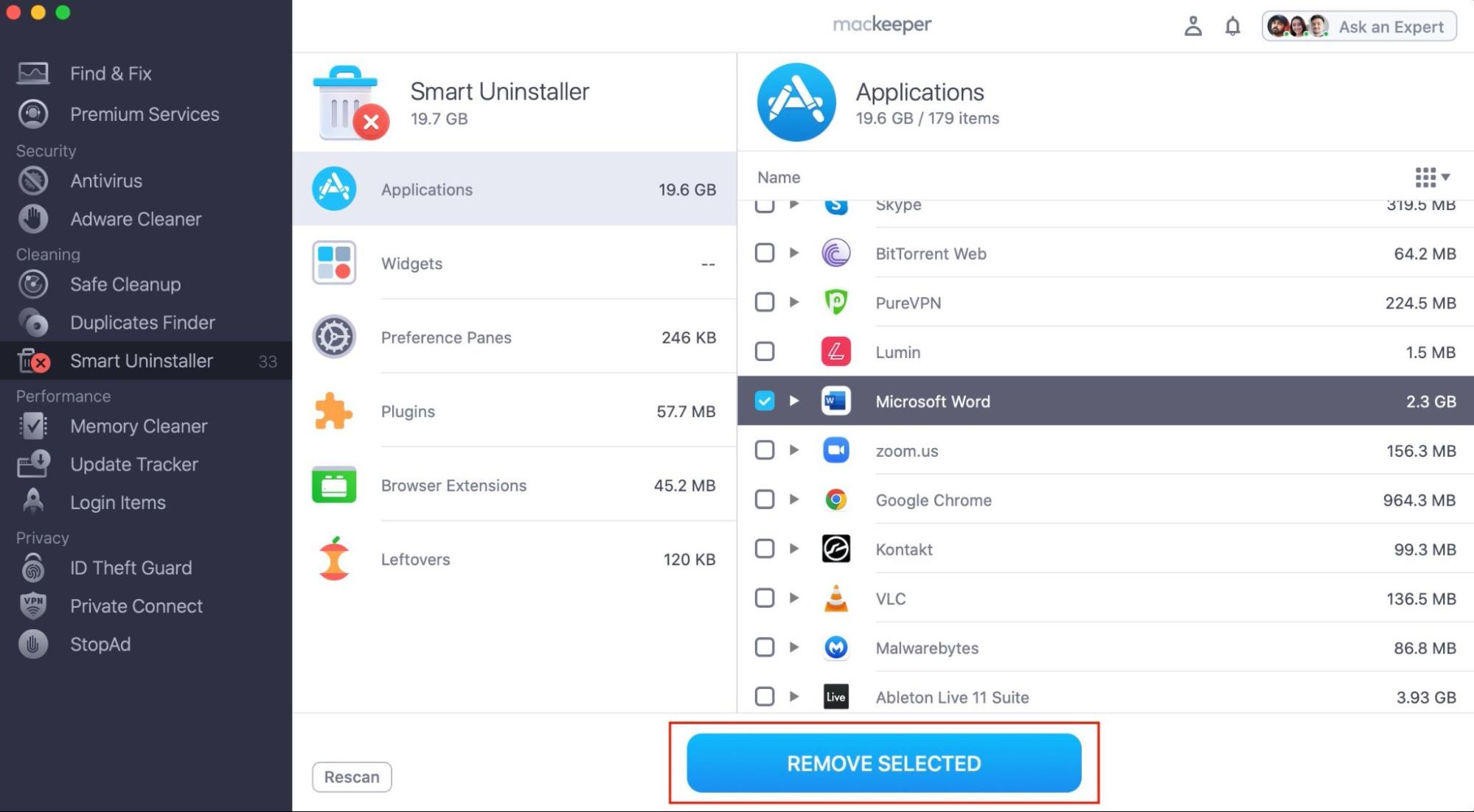 Opened Smart Uninstaller feature in MacKeeper application with the scan results where you can start the removal of applications by clickin the Remove Selected button. Opened Smart Uninstaller feature in MacKeeper application with the scan results where you can start the removal of applications by clickin the Remove Selected button.