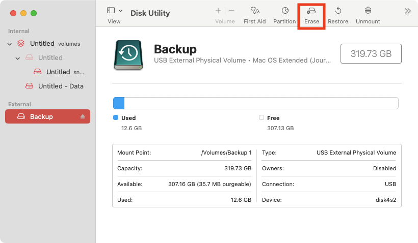 Open up Disk Utility from Applications > Utilities, select your external drive from the sidebar on the left, then click the Erase button. Open up Disk Utility from Applications > Utilities, select your external drive from the sidebar on the left, then click the Erase button.