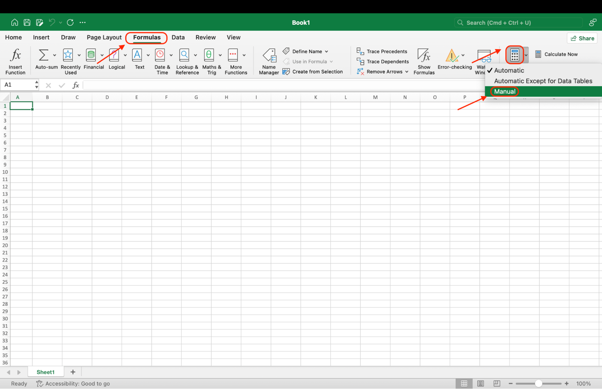 Go to Formulas in Excel, open Calculation Options, and set the calculation mode to Manual to prevent automatic recalculations and improve performance.