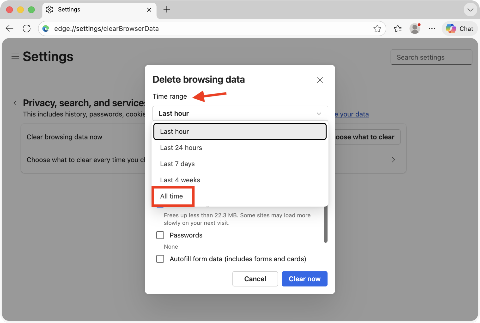 The Delete browsing data menu in Microsoft Edge on Mac. To clear the Google Drive cache within Edge on Mac, first set the Time range to All time inside the Delete browsing data menu.