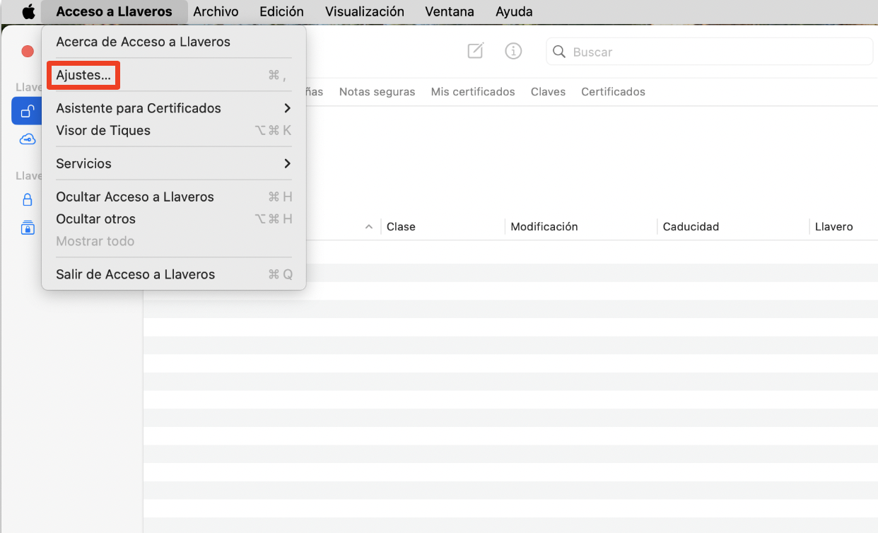 La aplicación Acceso a llaveros en un Mac, con Configuración resaltada. Cómo arreglar servicio de cuentas quiere usar el llavero de acceso.