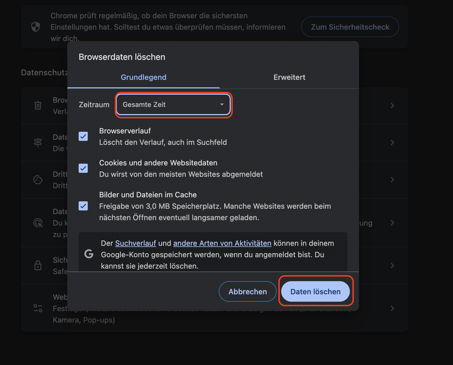 Überprüfen Sie in einem Popup-Fenster, ob Gesamte Zeit im Zeitbereich ausgewählt ist, und klicken Sie auf die Schaltfläche Daten löschen.