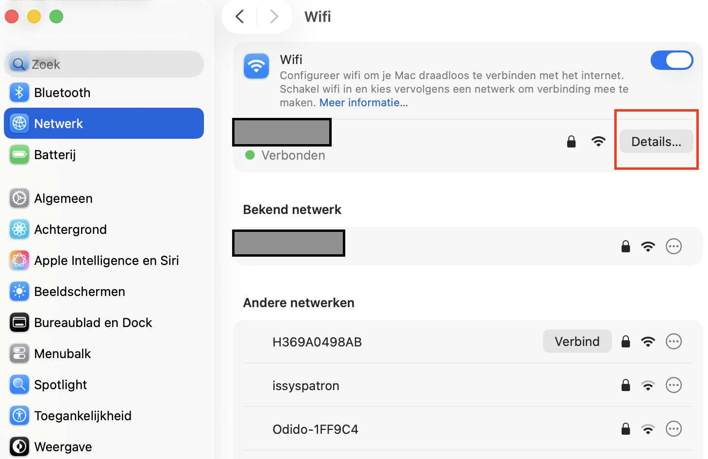Om je DNS-instellingen aan te passen en te kijken of dit de internetverbinding van je Mac versnelt klik je op de knop Details naast het netwerk waarmee je bent verbonden.