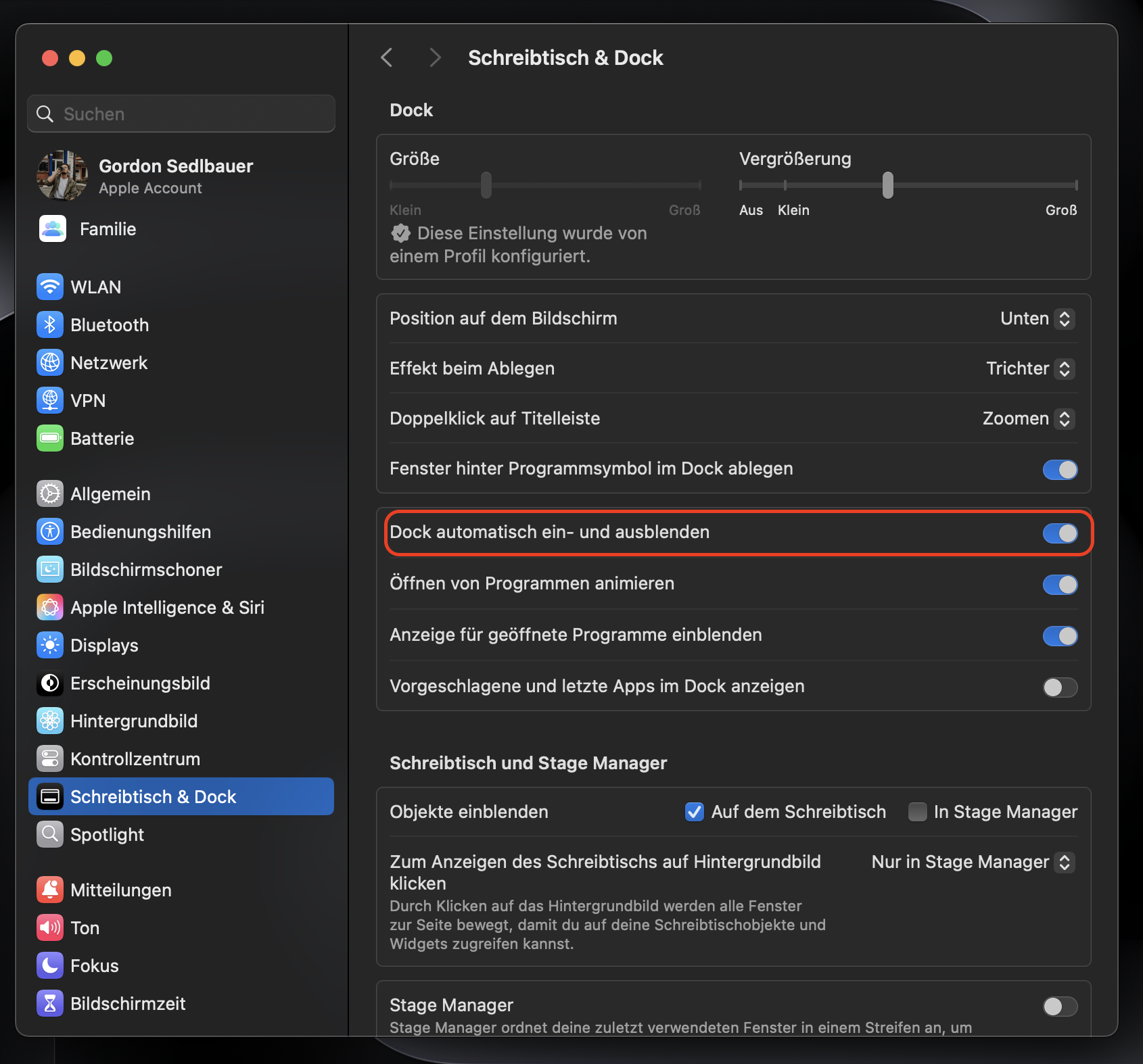 Ein ausgeblendetes Dock und eine ausgeblendete Menüleiste können ebenfalls wiederhergestellt werden. Deaktivieren Sie dazu die Option Dock automatisch ein- und ausblenden, scrollen Sie nach unten und deaktivieren Sie die Option Menüleiste automatisch ein- und ausblenden.