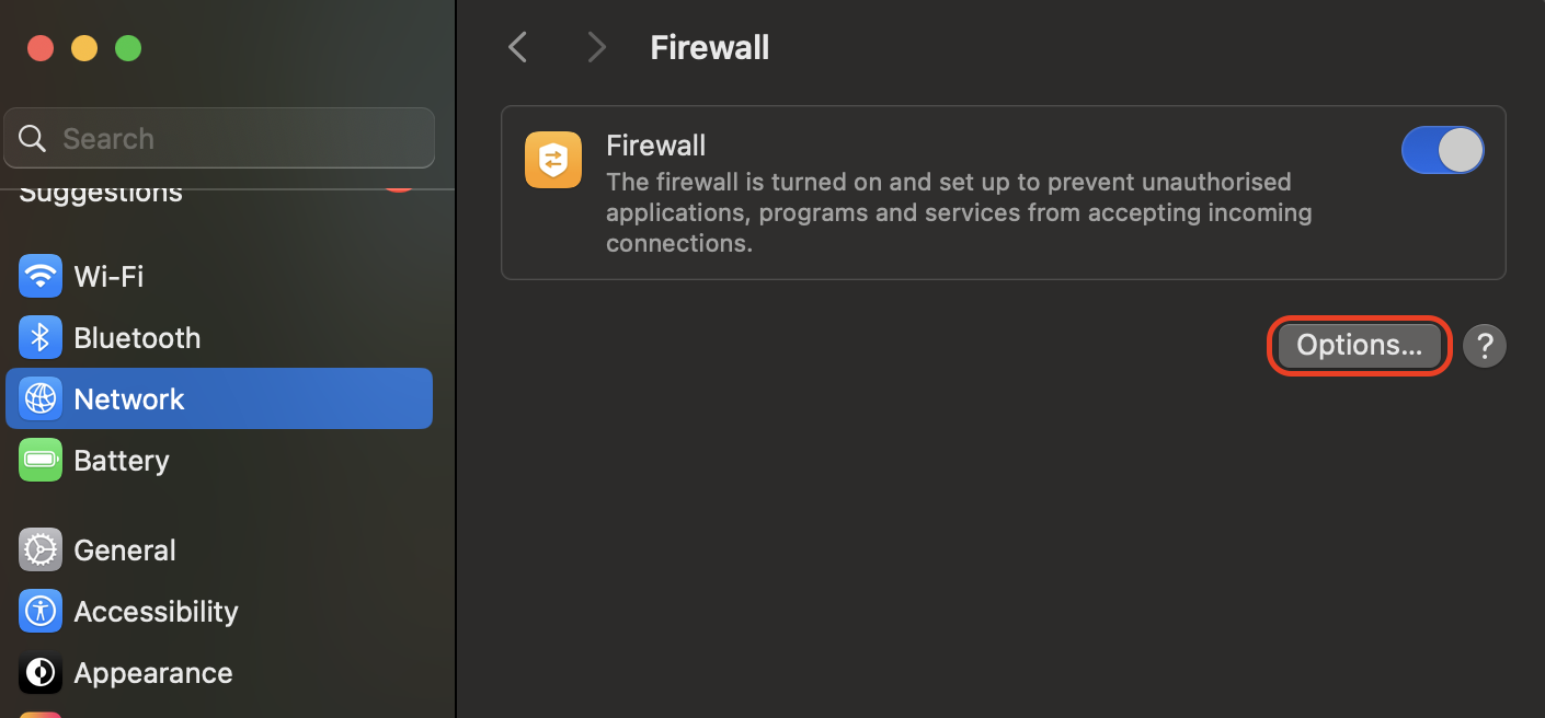 Click Options to block all incoming connections or customize exceptions, giving you control over which apps can receive network access on your Mac.