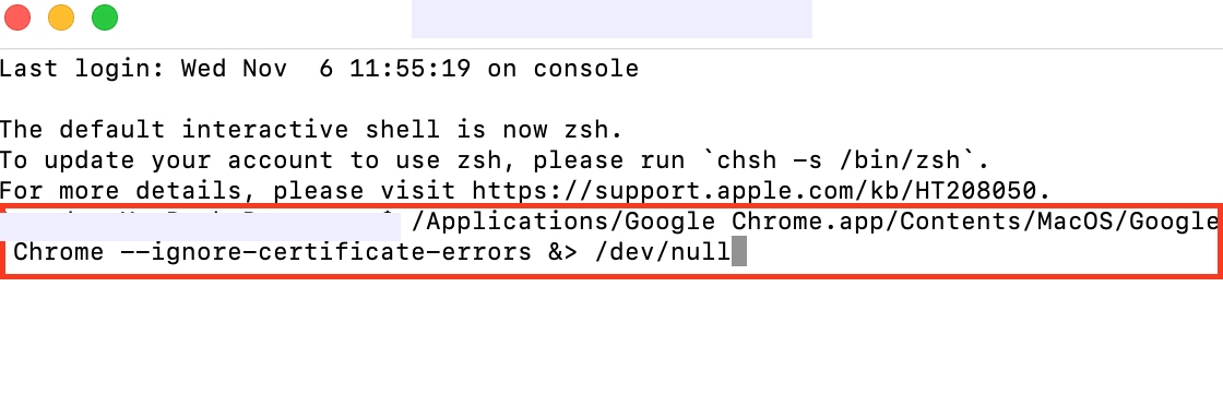 The Terminal window appears on a Mac. Enter the Terminal command in the steps to ignore SSL errors in your browser and access your websites. The Terminal window appears on a Mac. Enter the Terminal command in the steps to ignore SSL errors in your browser and access your websites.
