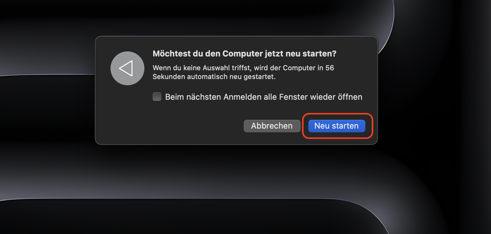 Die Neustart-Eingabeaufforderung in macOS Monterey zeigt die Option zum erneuten Öffnen der Fenster bei der erneuten Anmeldung an. Wählen Sie Ihre bevorzugte Option aus und klicken Sie anschließend auf Neu starten.