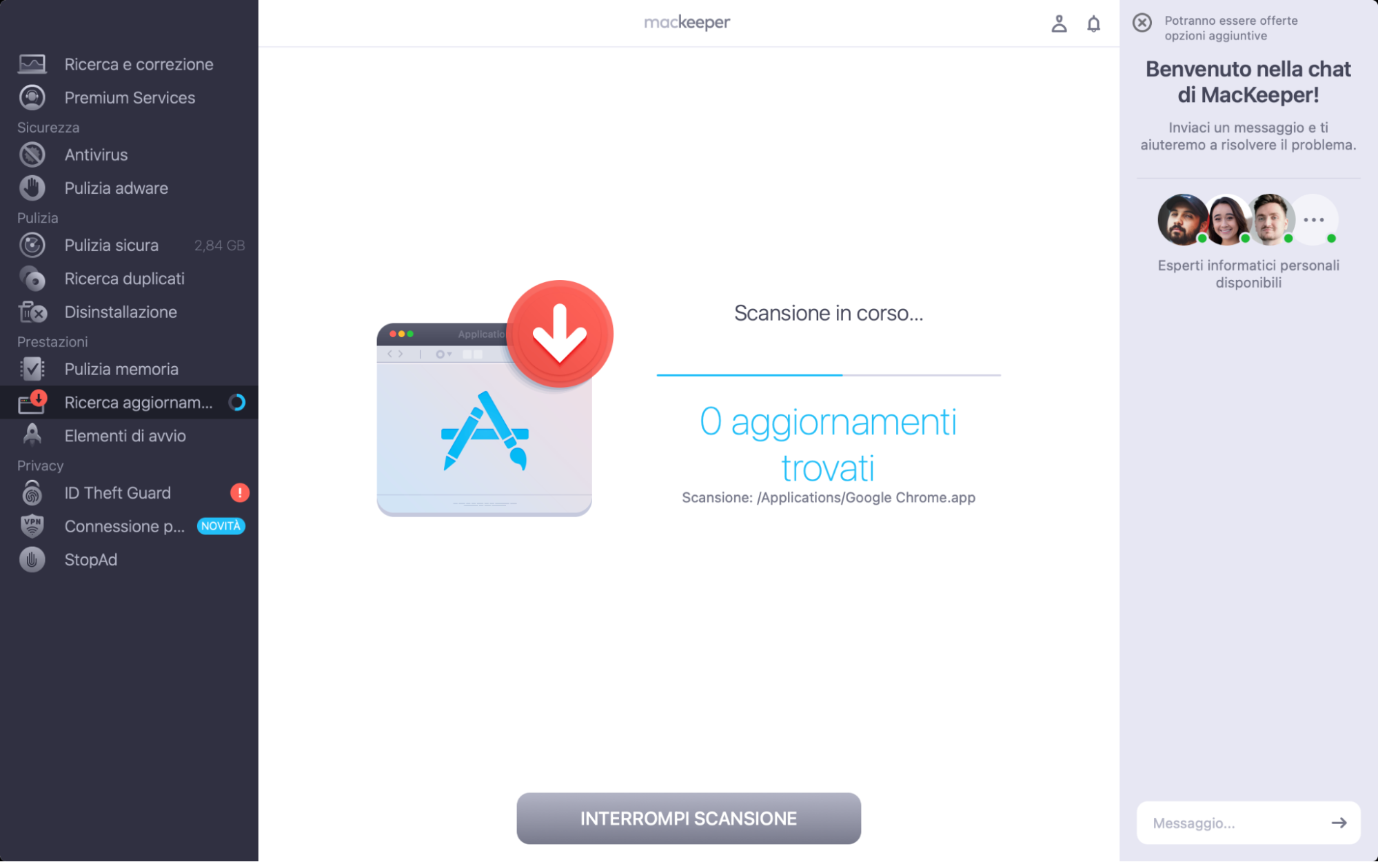 La finestra rinnovata di Ricerca Aggiornamenti mostra il processo di scansione nell'app di MacKeeper, che segnalerà all'utente gli aggiornamenti software necessari.
