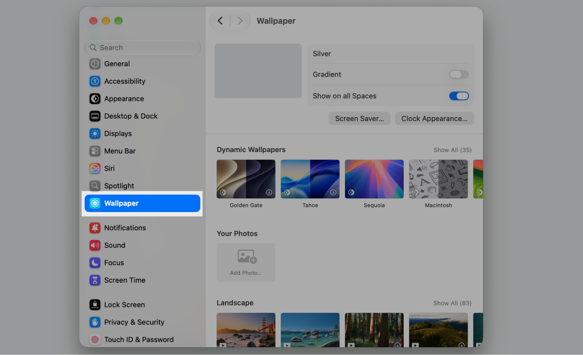Wallpaper tab selected in macOS System Settings, showing Dynamic Wallpapers like Tahoe and Sequoia plus Screen Saver and Clock buttons.