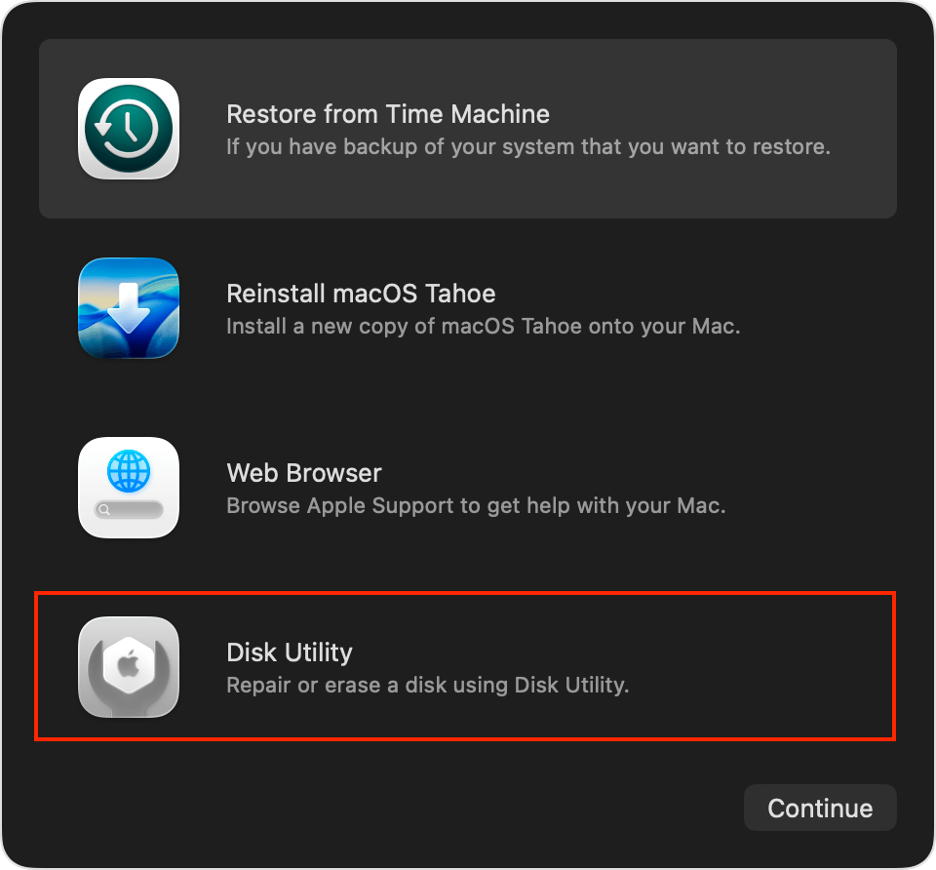 To fix the Couldn’t open device 69877 error using macOS Recovery mode, select Disk Utility on your Mac, then click Continue.