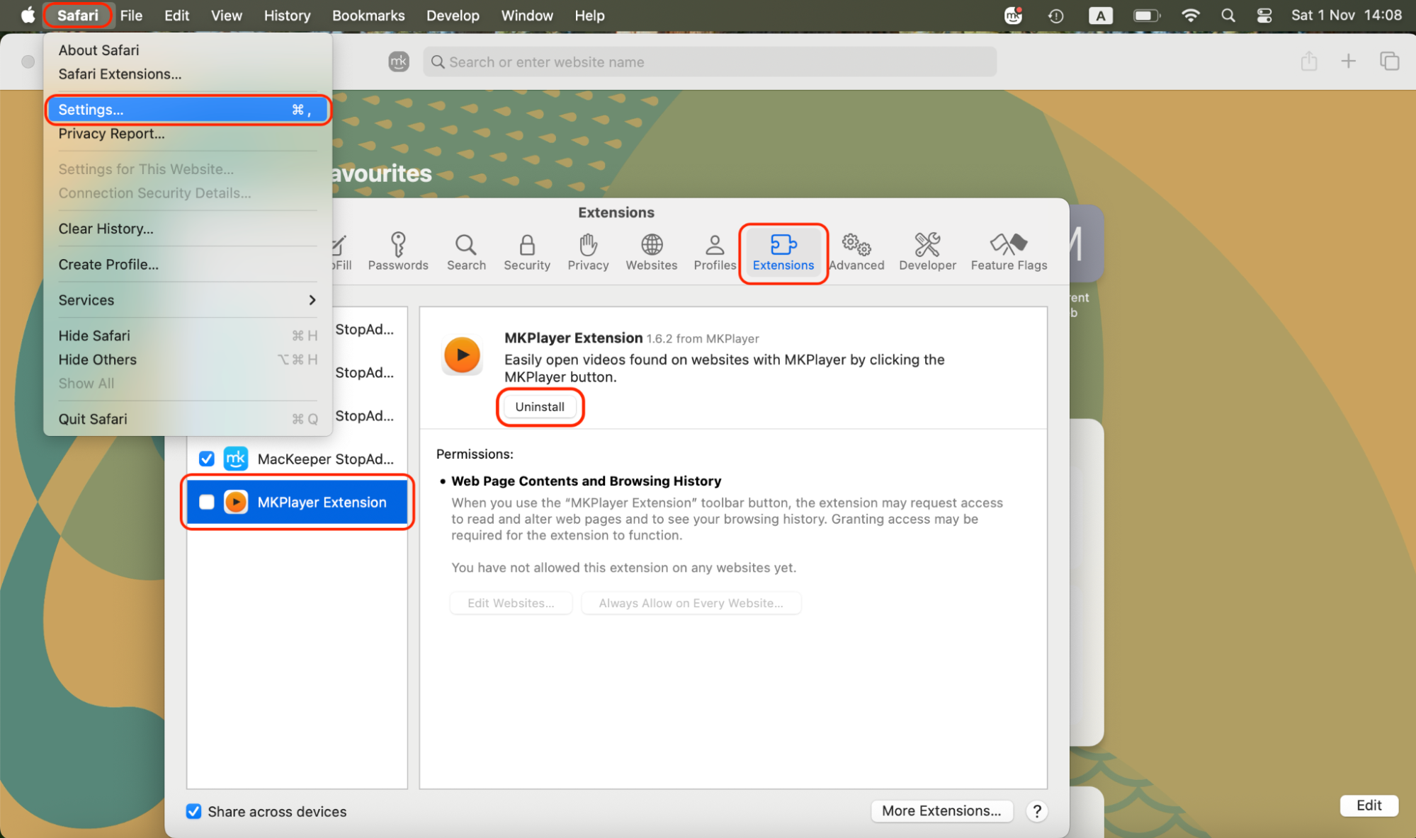 Open Safari, go to Settings, then click Extensions, uncheck everything you do not use, and click Uninstall to remove unnecessary add-ons safely.