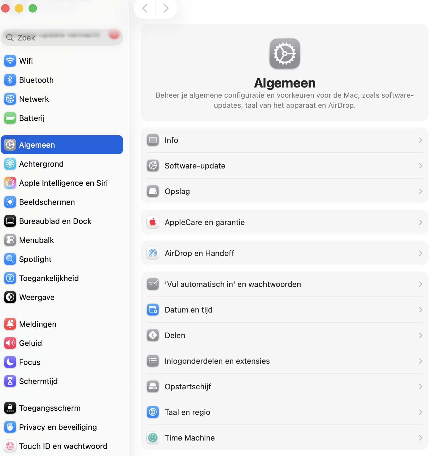 Het venster ‘Systeeminstellingen’ op de Mac, met ‘Software-update’ gemarkeerd. Onderdeel van een handleiding om een probleem met een haperend MacBook-scherm op te lossen.