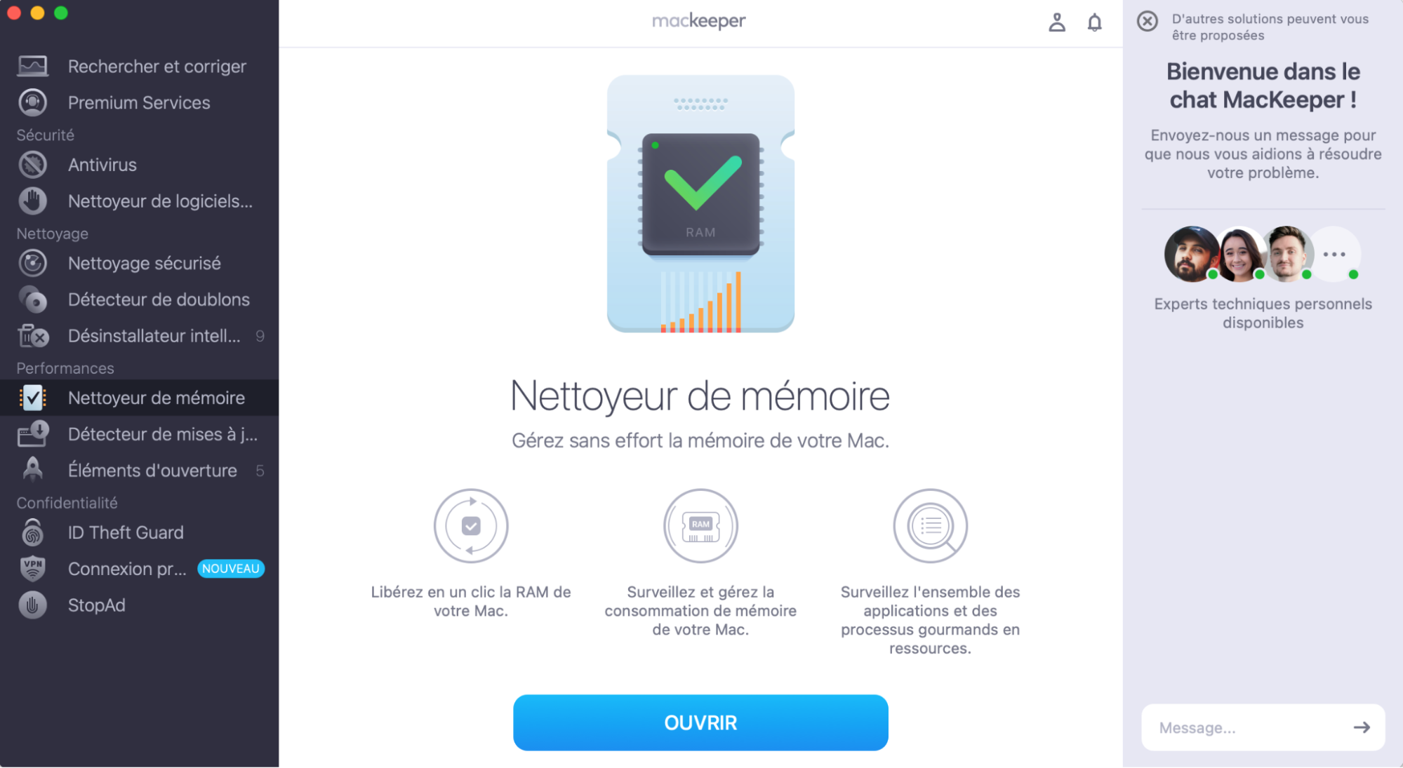 Pour libérer de la RAM sur votre Mac et améliorer ses performances, ouvrez MacKeeper, sélectionnez le Nettoyeur de mémoire, et cliquez sur Ouvrir.