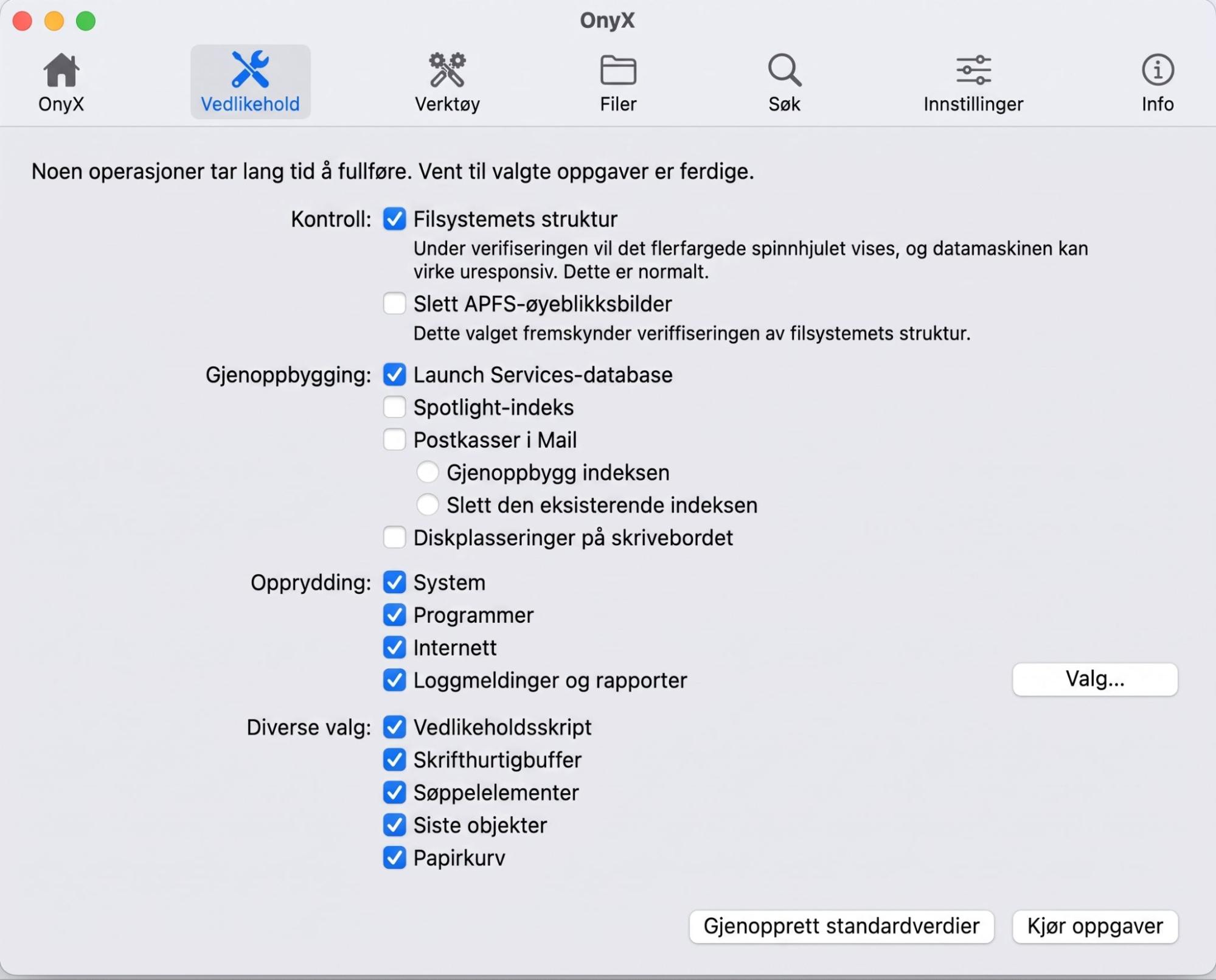 Vedlikeholdsinnstillingsvinduet til Onyx viser antall alternativer du kan administrere for å gjøre Macen din renere.