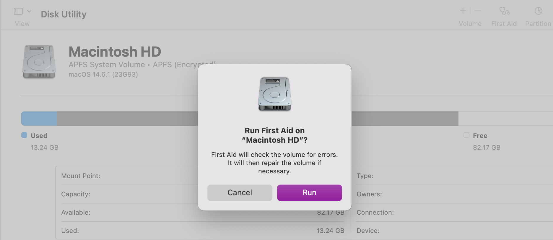 Select your external drive, click on First Aid, and when prompted, click on Run.