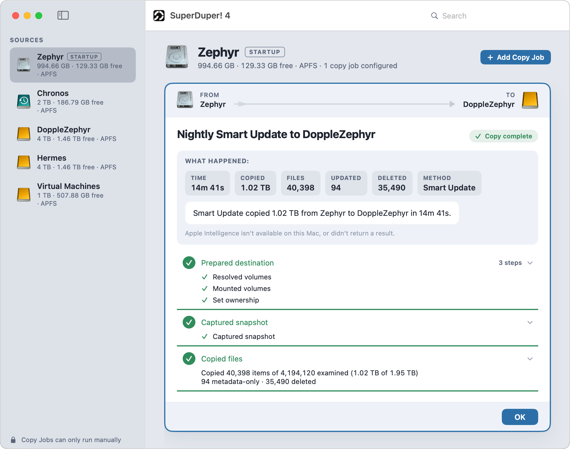 Open SuperDuper, select the drive you want to copy, choose the destination disk, then pick Backup all files and click Copy Now to begin.