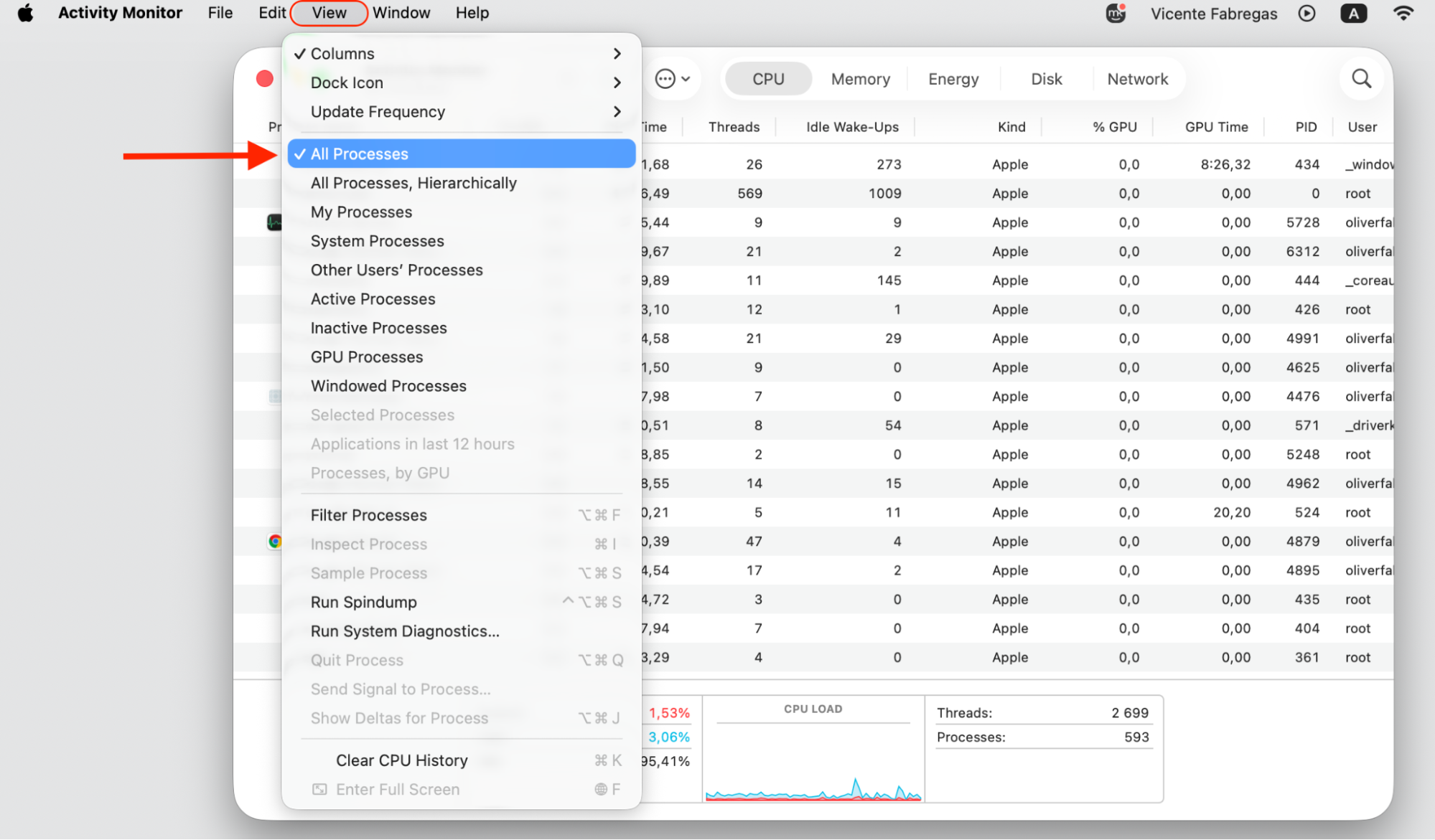 The Activity Monitor View menu opened on a MacBook, with All Processes selected so every process appears while you track agent CPU usage.