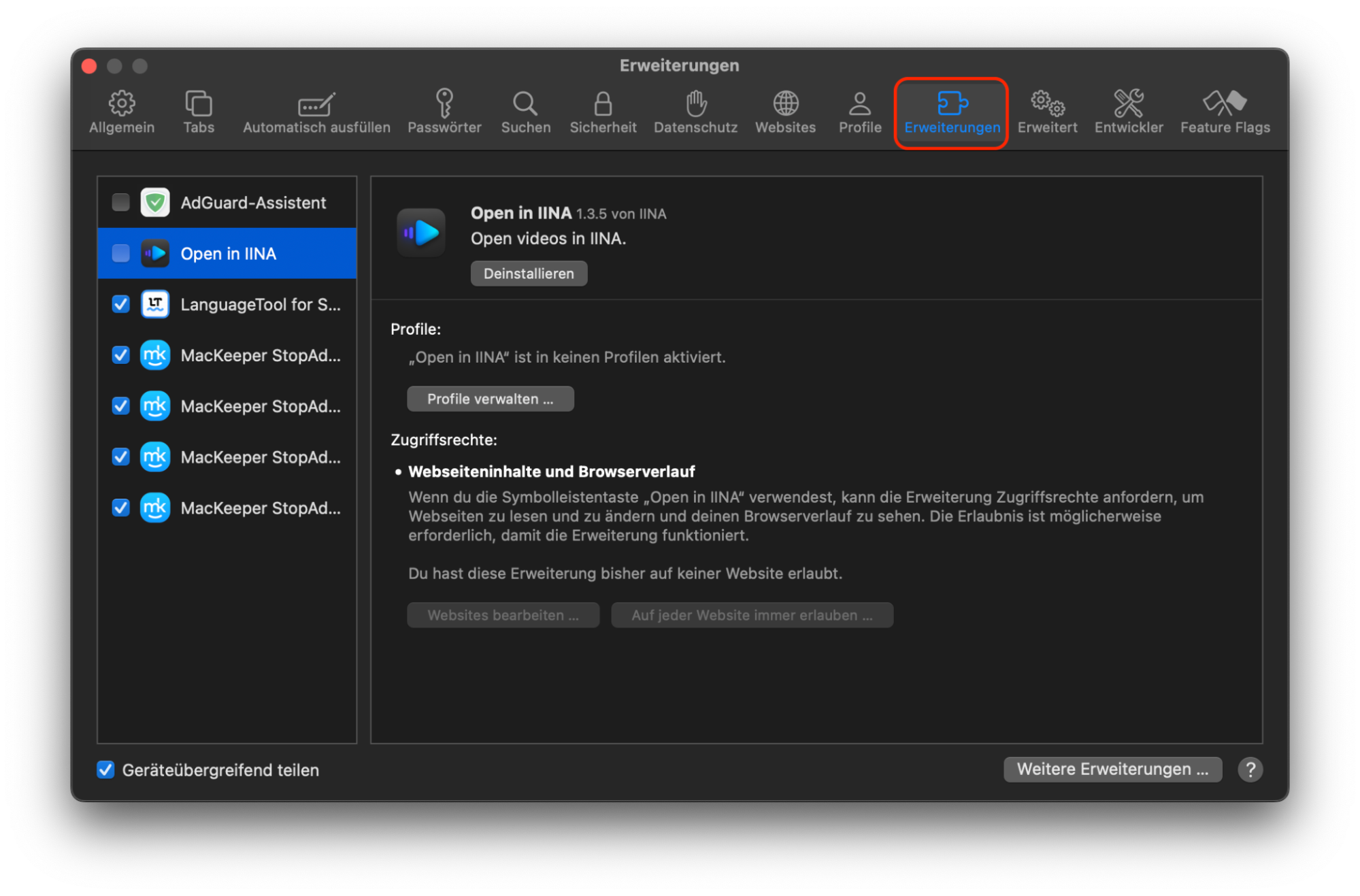 Der Bildschirm Safari-Einstellungen in macOS Monterey zeigt alle verfügbaren Optionen an. Wählen Sie die Registerkarte Erweiterungen, um auf die Erweiterungen zuzugreifen.