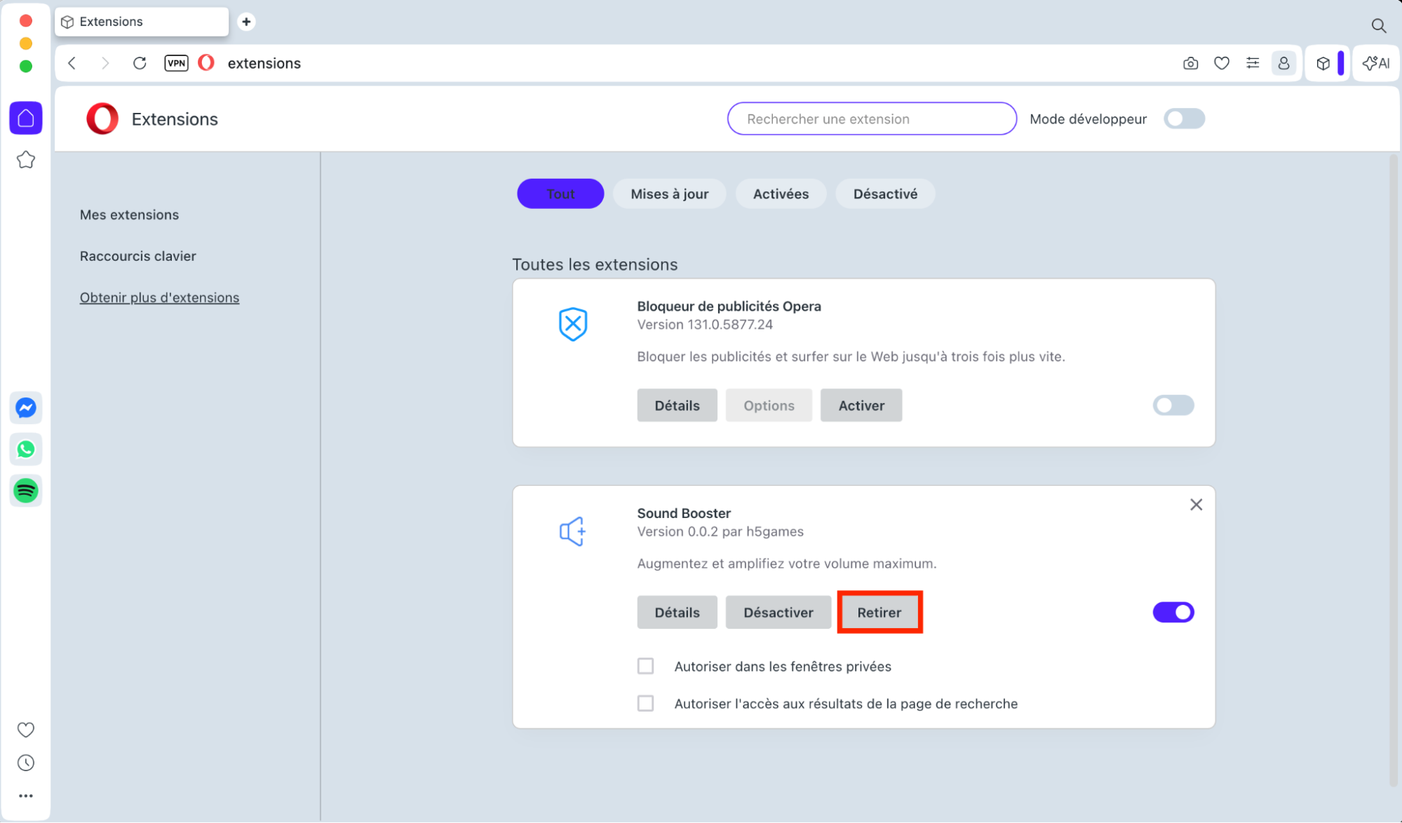 Écran des extensions d’Opera, avec le bouton Supprimer mis en surbrillance sous une extension. Comment supprimer des extensions : guide pour bloquer les fausses alertes McAfee sur Mac.