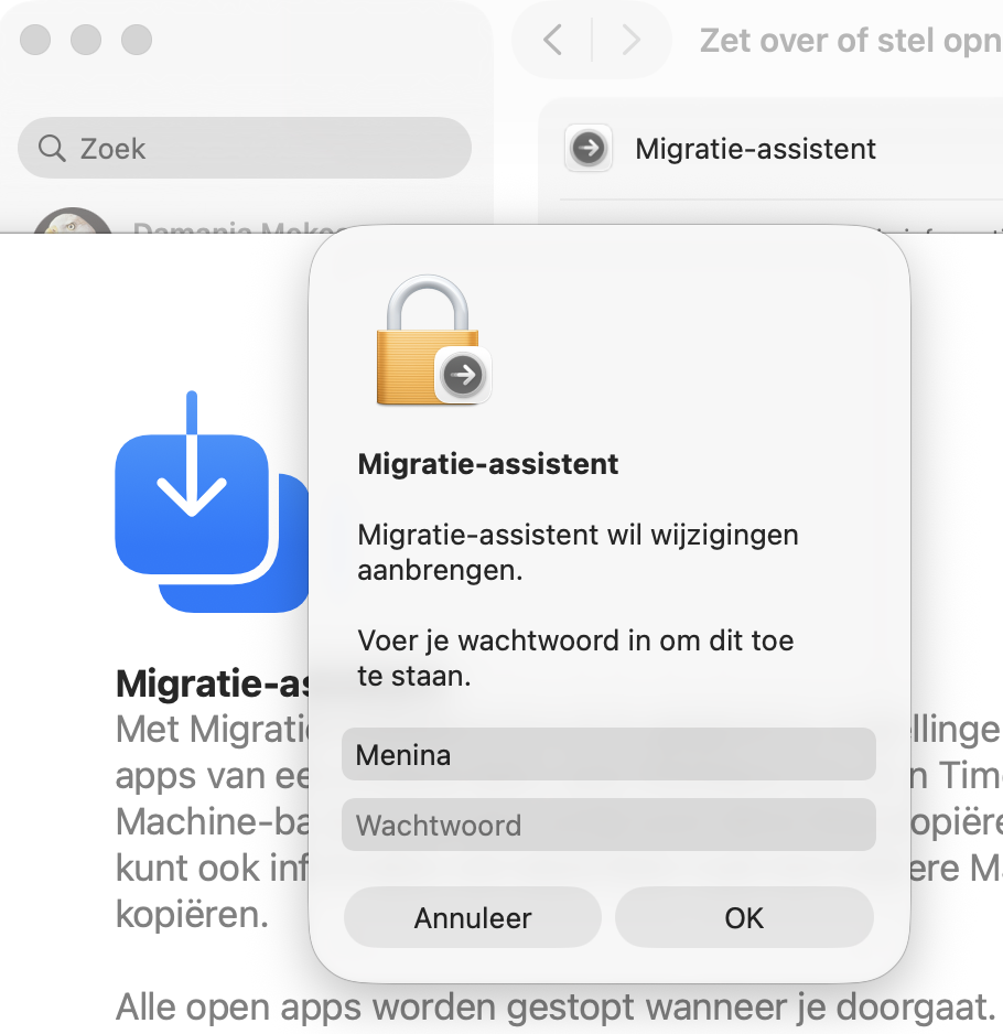 Open de Migratie-assistent via Programma’s > Hulpprogramma’s. Voer je gebruikersnaam en wachtwoord in wanneer daarom wordt gevraagd om door te gaan.