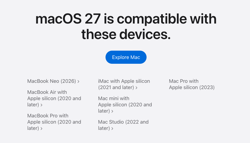 Apple’s macOS 27 compatibility page on an Apple device, listing supported Macs like MacBook Air, iMac, Mac mini, Mac Studio, and Mac Pro.