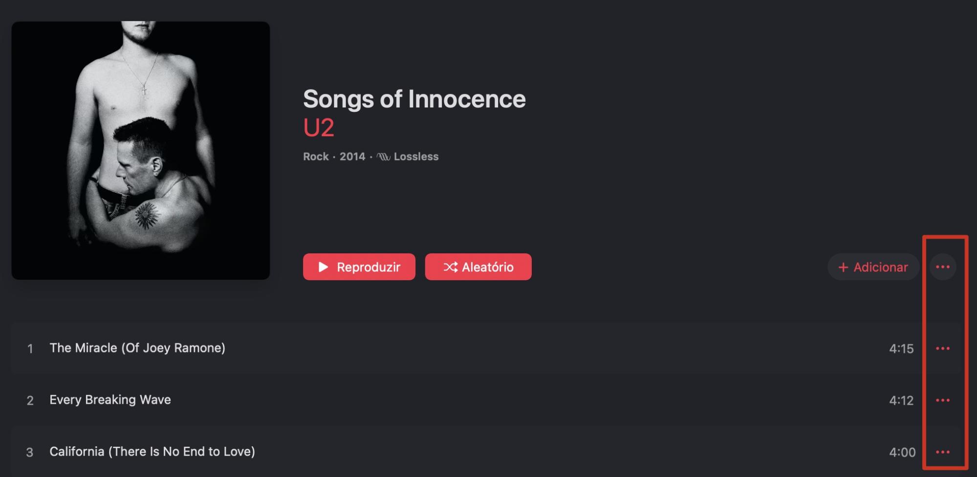 Clique nos três pontos ao lado do álbum ou da música que você deseja excluir.